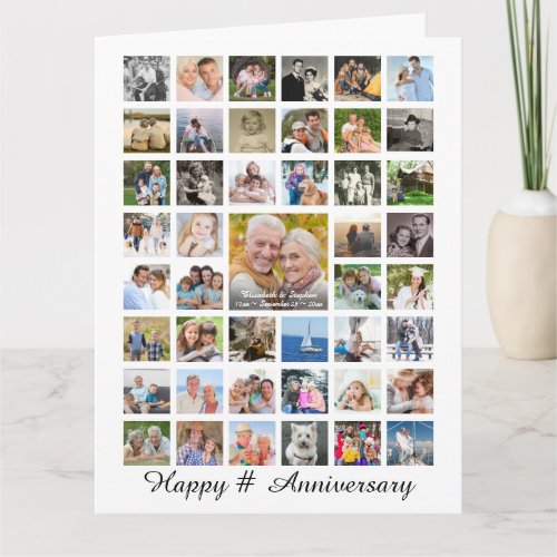 Anniversary Photo Collage 47 Pictures Personalized Card - Celebrate any year anniversary (or any occasion or event) with photo memories on an oversized photo collage greeting card. The cover has 45 square photos and the inside has 2 pictures. The sample shown is for any year anniversary but all text is editable to customize and personalize for a unique and memorable greeting card for any occasion or event. ASSISTANCE:  For help with design modification/personalization, color change or transferring the design to another product, contact the designer BEFORE ORDERING via the Zazzle Chat MESSAGE tab or email makeitaboutyoustore@gmail.com.