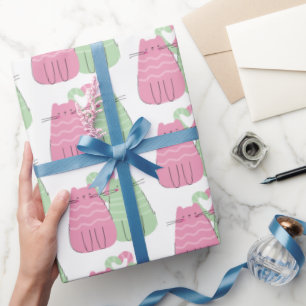 Anniversary Pink and Green Love Cats  Wrapping Paper