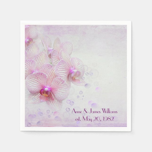 Anniversary pink orchids and bubbles paper napkins (Front)