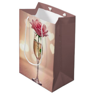 Anniversary Pink Rose In Champagne Flute Medium Gift Bag