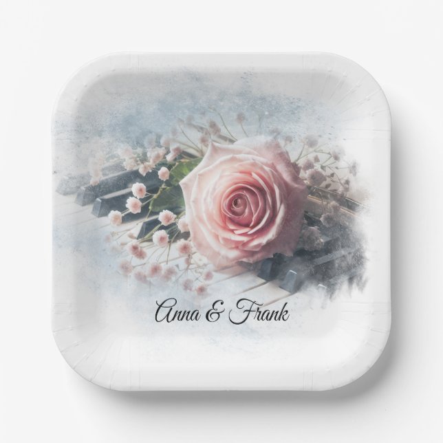 Anniversary Pink Rose On Piano Keys Paper Plates (Front)