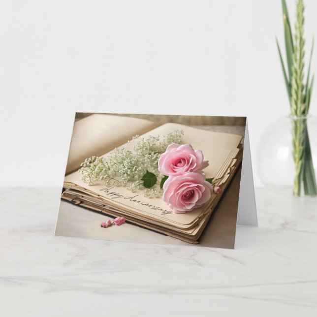 Anniversary Pink Roses On Old Scrapbook Card (Front)