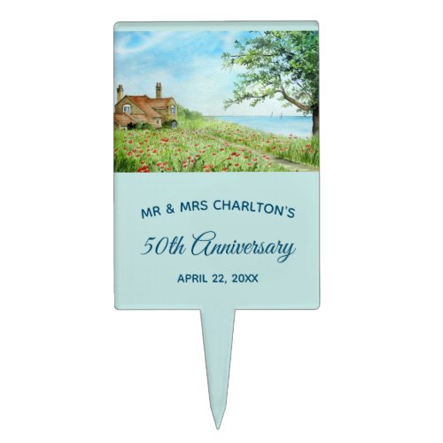 Anniversary Poppy Field Landscape Watercolor Cake Topper