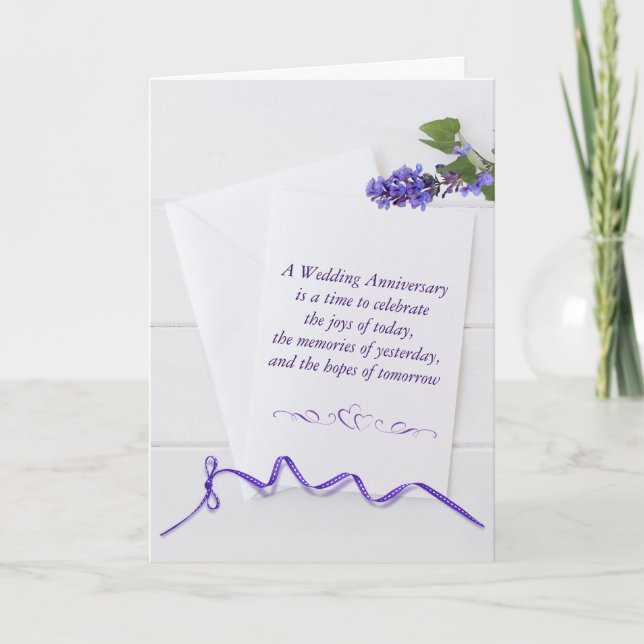 Anniversary Purple Flowers On White Card (Front)