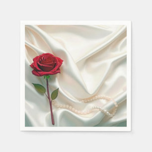Anniversary Red Rose and Pearls On Satin Napkins