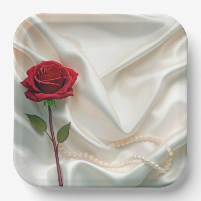 Anniversary Red Rose and Pearls On Satin Paper Plates (Front)