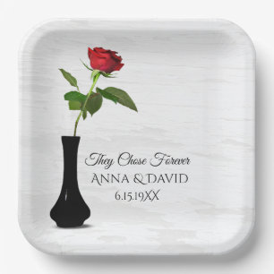 Anniversary Red Rose On White Paint Texture Paper Plates
