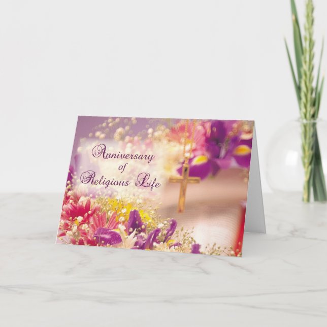 Anniversary Religious Life, Nun, Flowers and Cross Card (Front)