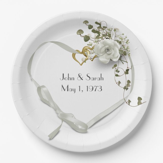 Anniversary Ribbon Heart with Rose Paper Plates (Front)