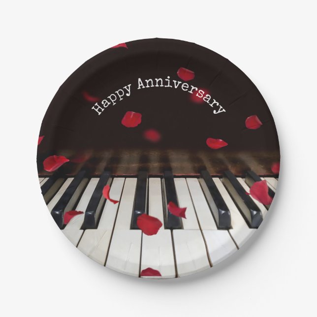Anniversary Rose Petals on Piano Keys Paper Plates (Front)