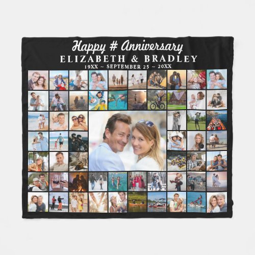 Anniversary Simple Script 59 Photo Collage  Fleece Blanket - Create a wedding anniversary commemorative photo memory keepsake blanket to celebrate any year anniversary utilizing this easy-to-upload photo collage template with 59 pictures of the special couple through the years for party decor and/or as a keepsake. The design features your custom title in an editable calligraphy script typography (the sample shows HAPPY # ANNIVERSARY), personalized with their names and wedding and anniversary dates in white against your choice of color--change to a traditional anniversary year color or coordinating home decor color. ASSISTANCE:  For help with design modification or personalization, color change, resizing or transferring the design to another product, contact the designer BEFORE ORDERING via the Zazzle Chat MESSAGE tab or email makeitaboutyoustore@gmail.com.