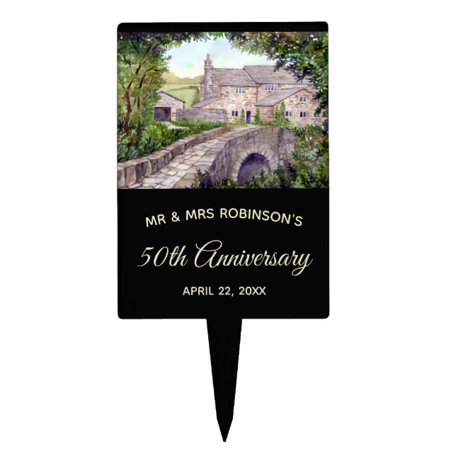 Anniversary Stone Bridge Watercolor Painting Cake Topper (Front)