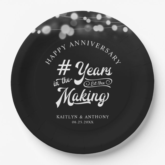 Anniversary String Light YEARS IN THE MAKING Black Paper Plates (Front)