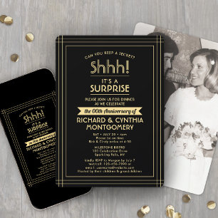 Anniversary Surprise Party Black and Gold 1 Photo Invitation