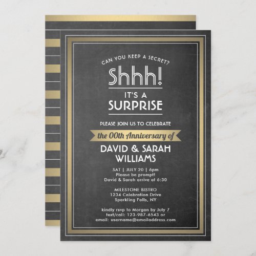 Anniversary Surprise Party Black Chalkboard  Gold Invitation