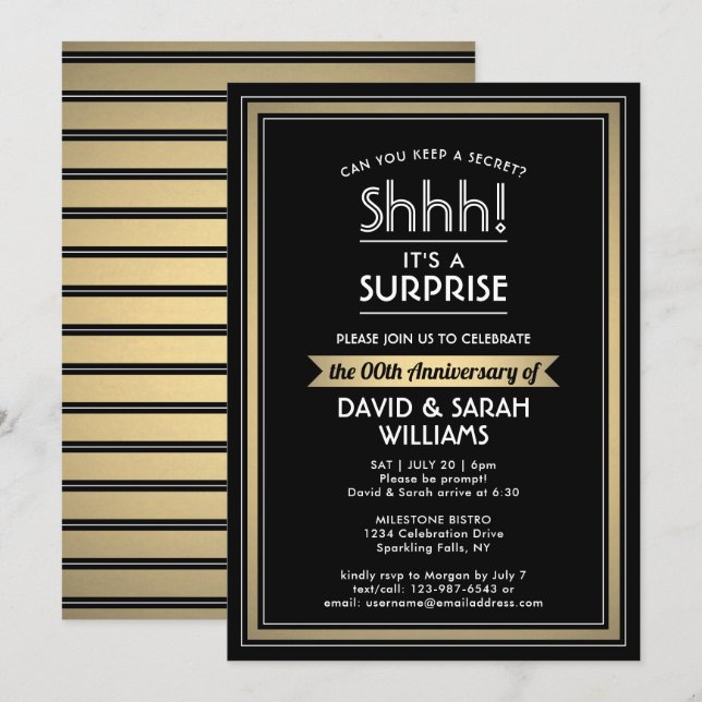 Anniversary Surprise Party Black, White and Gold Invitation (Front/Back)