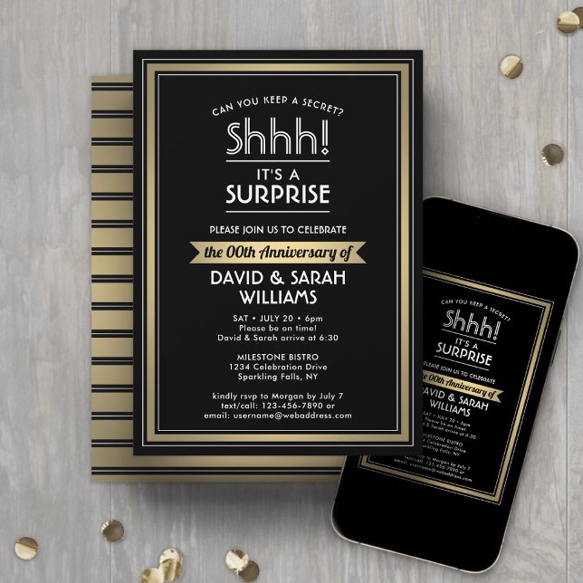 Anniversary Surprise Party Black, White and Gold Invitation (Creator Uploaded)