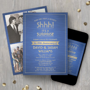 Anniversary Surprise Party Brushed Blue 4 Photo Invitation