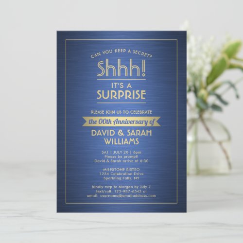 Anniversary Surprise Party Brushed Blue and Gold Invitation