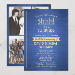 Anniversary Surprise Party Brushed Blue and Gold Invitation