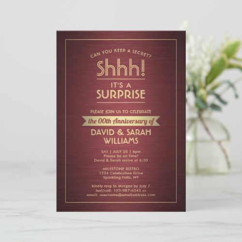 Anniversary Surprise Party Brushed Burgundy  Gold Invitation