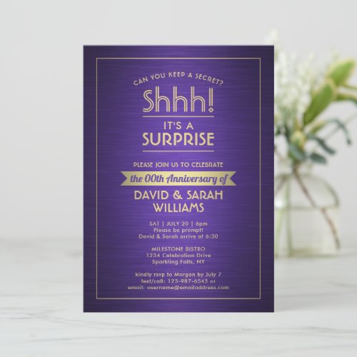 Anniversary Surprise Party Brushed Purple and Gold Invitation