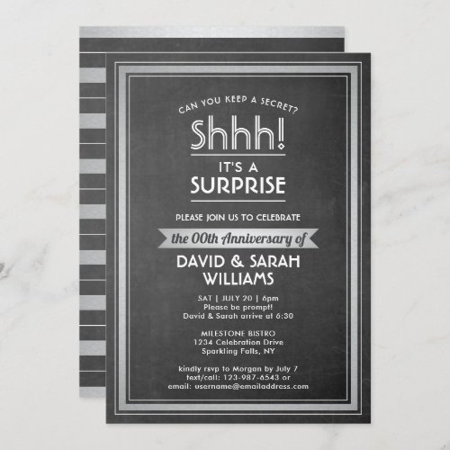 Anniversary Surprise Party Chalkboard and Silver Invitation