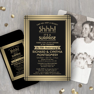 Anniversary Surprise Party Chic Black & Gold Photo Invitation