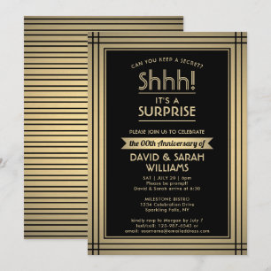 Anniversary Surprise Party Elegant Black and Gold Invitation