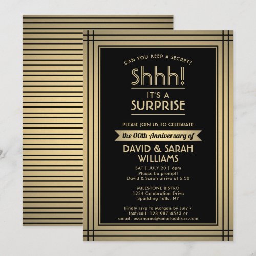 Anniversary Surprise Party Elegant Black and Gold Invitation