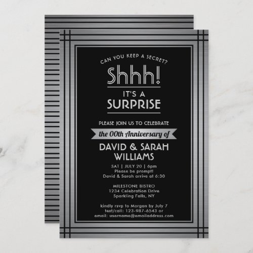 Anniversary Surprise Party Elegant Black  Silver Invitation