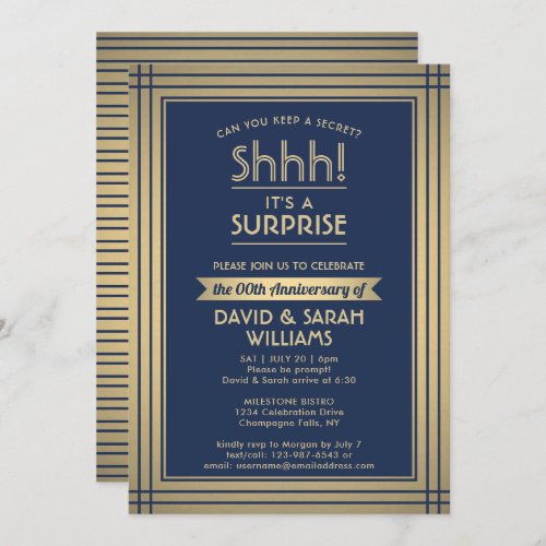 Anniversary Surprise Party Elegant Navy Blue Gold Invitation