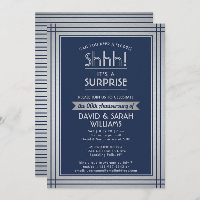 Anniversary Surprise Party Elegant Navy Blue Invitation (Front/Back)