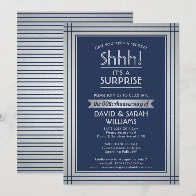 Anniversary Surprise Party Elegant Navy Blue Invitation (Front/Back)