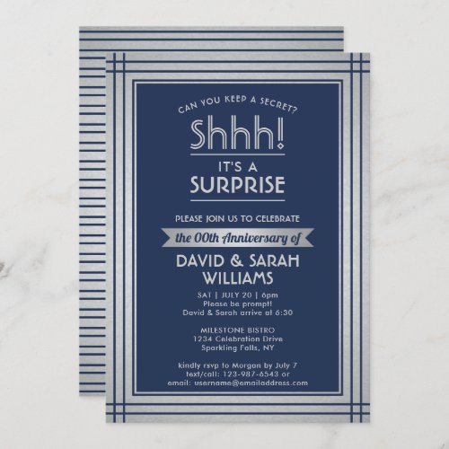 Anniversary Surprise Party Navy Blue and Silver Invitation