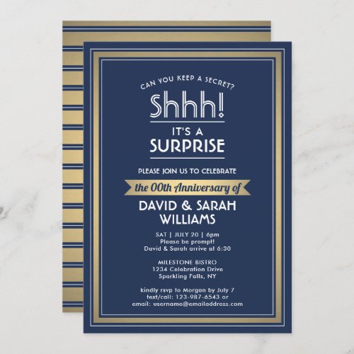 Anniversary Surprise Party Navy Blue White  Gold Invitation