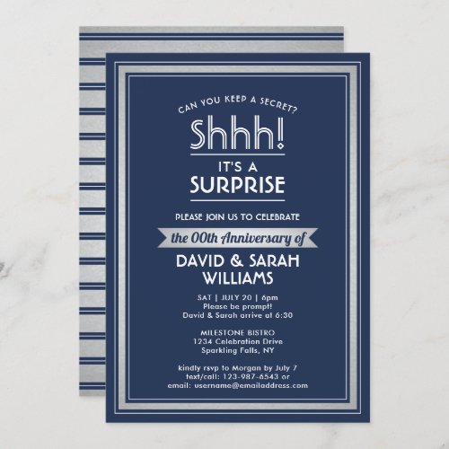 Anniversary Surprise Party Navy Blue White Silver Invitation