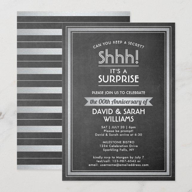 Anniversary Surprise Party Shhh! Black Chalkboard Invitation (Front/Back)