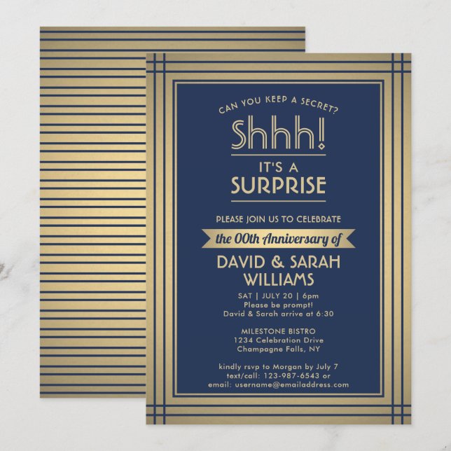 Anniversary Surprise Party Shhh! Navy Blue & Gold Invitation (Front/Back)