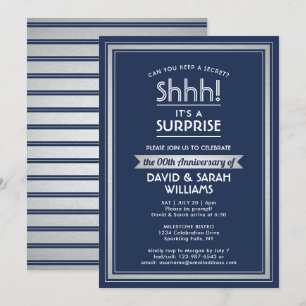 Anniversary Surprise Party Shhh! Navy Blue & White Invitation