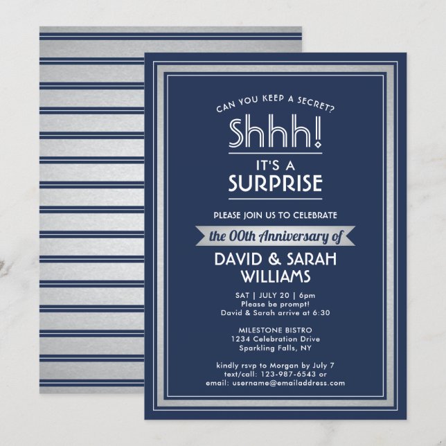 Anniversary Surprise Party Shhh! Navy Blue & White Invitation (Front/Back)