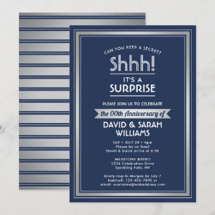 Anniversary Surprise Party Shhh! Navy Blue & White Invitation