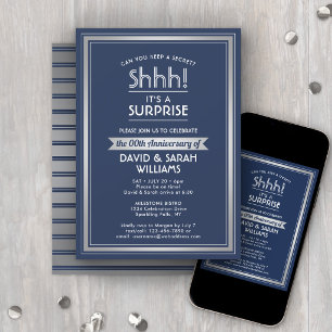 Anniversary Surprise Party Shhh! Navy Blue & White Invitation