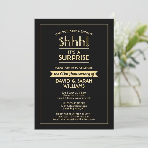 Anniversary Surprise Party Stylish Black and Gold Invitation