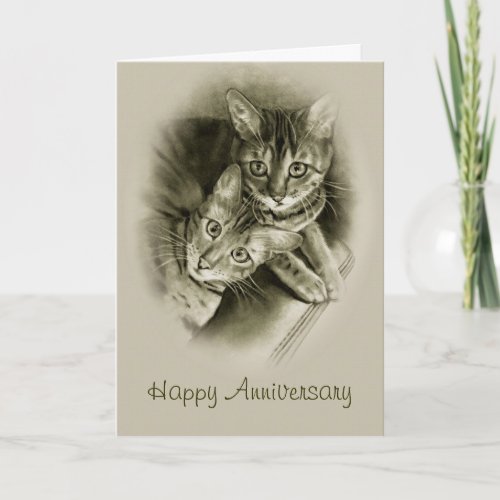 Anniversary Two Bengal Cats Original Pencil ART Card