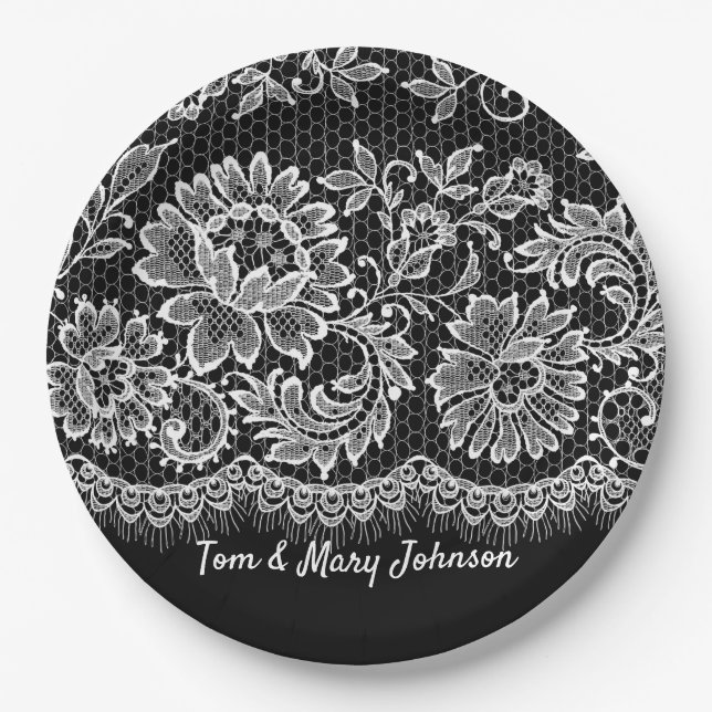 Anniversary White Lace Fringe On Black Paper Plates (Front)