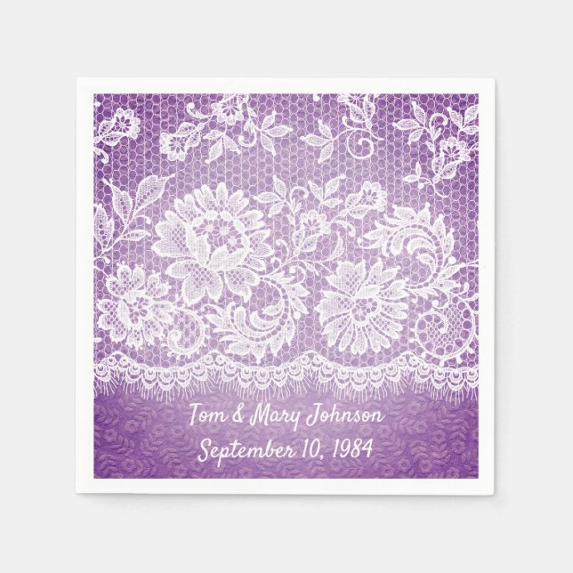 Anniversary White Lace Fringe On Purple Napkins (Front)