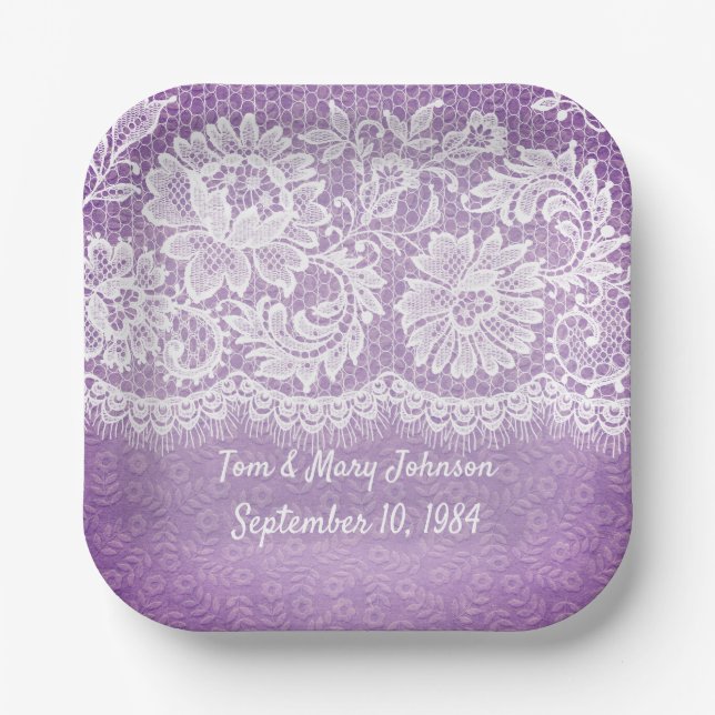 Anniversary White Lace Fringe On Purple Paper Plat Paper Plates (Front)