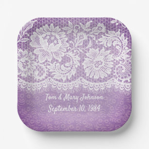 Anniversary White Lace Fringe On Purple Paper Plat Plates