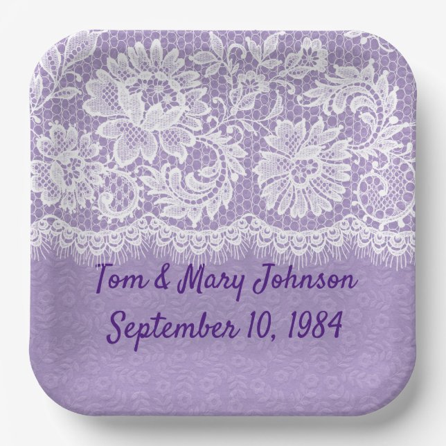 Anniversary White Lace Fringe On Purple  Paper Plates (Front)
